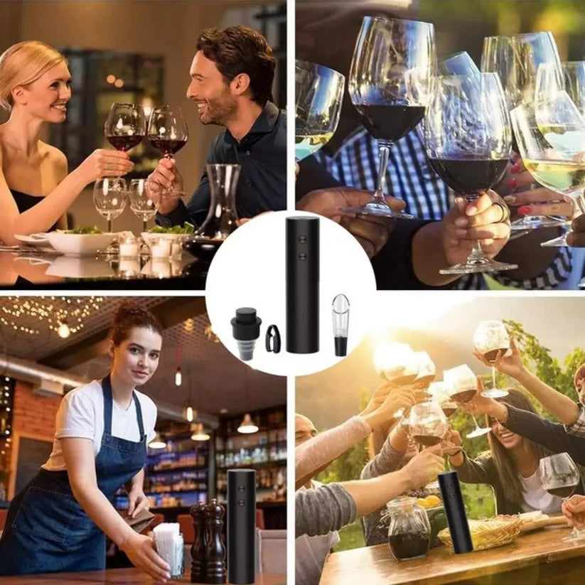 Комплект 4 в 1 електрически тирбушон за бутилка вино, нож за фолио, тапа за вино, накрайник за наливане, черен