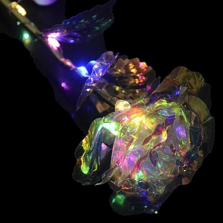 ВИСОКА 40СМ!Златна роза Golden Rose 24k Rainbow, LED Лента, Светеща, Кутия