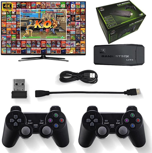 Безжична ретро конзола Game Stick , 20 000 видео игри, 9 емулатора, 64 GB, 2x безжичен контролер 2,4 GHz 4K Ultra Game