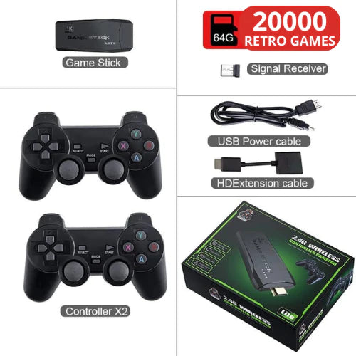 Безжична ретро конзола Game Stick , 20 000 видео игри, 9 емулатора, 64 GB, 2x безжичен контролер 2,4 GHz 4K Ultra Game