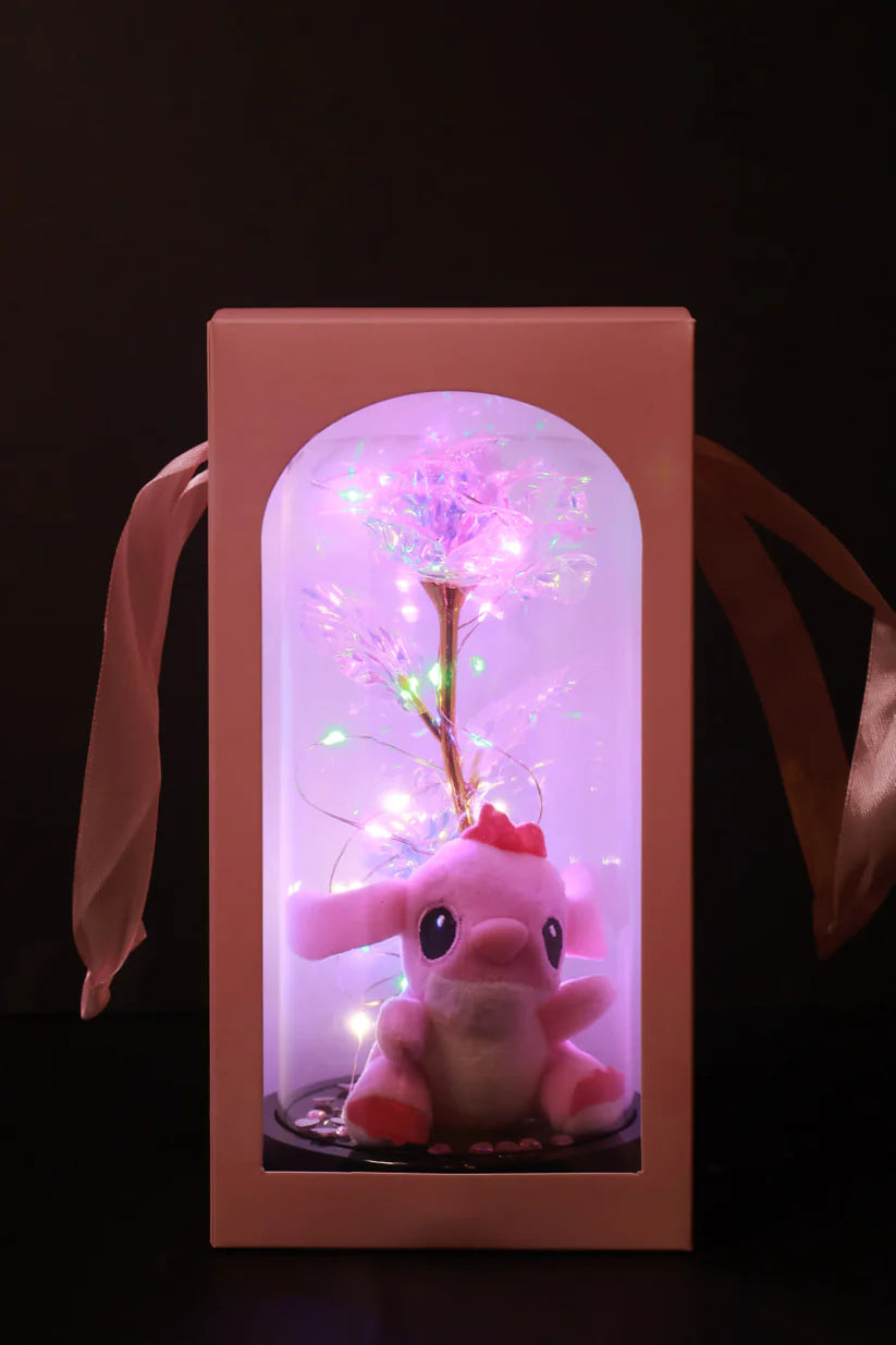 Вечна Роза в Купол с Играчка LED лампички в подаръчна кутия