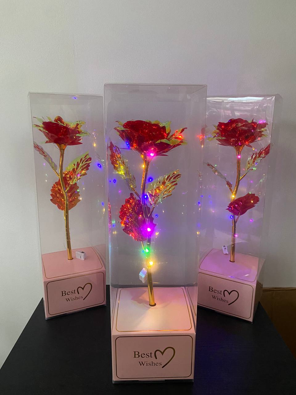 ВИСОКА 40СМ!Златна роза Golden Rose 24k Rainbow, LED Лента, Светеща, Кутия