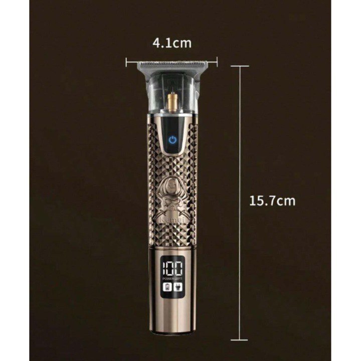 Тример за подстригване Kemei KM-873, 5W, 3 приставки, Цифров дисплей, 1200mAh литиева батерия, Стоманено острие, Златно