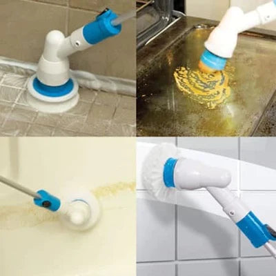 Електрическа телескопична четка за почистване spin scrubber, 300 об/мин, 3 приставки, акумулаторна батерия - 60мин, бяла/синя