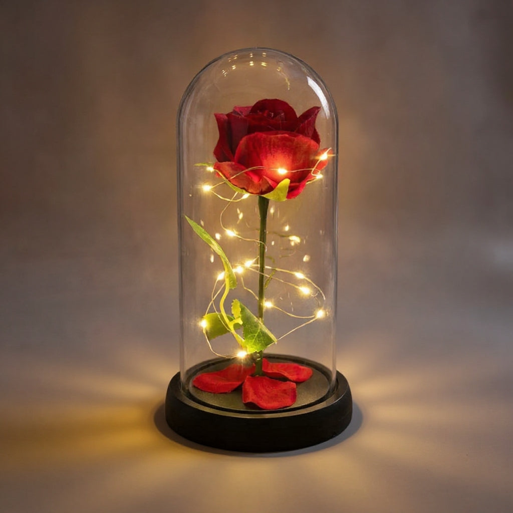 Вечна Роза в Купол с LED лампички в подаръчна кутия