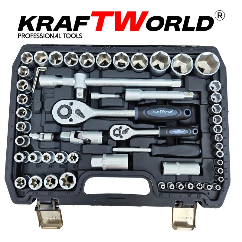 Професионално Гедоре 108 части KraftWorld – Cr-V стомана, здрав куфар с метални закопчалки