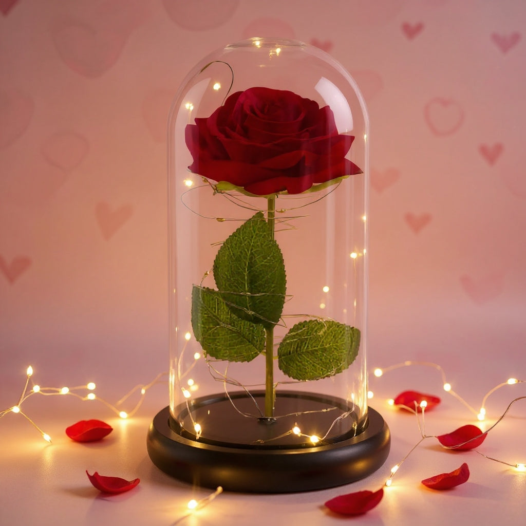 Вечна Роза в Купол с LED лампички в подаръчна кутия