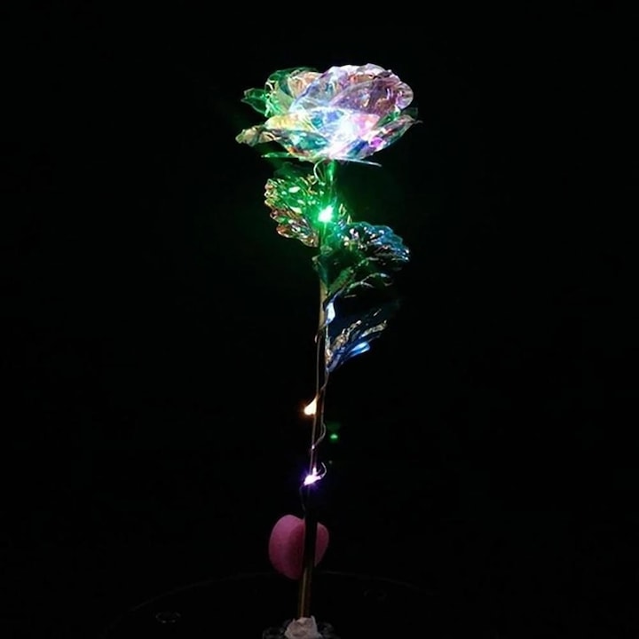 ВИСОКА 40СМ!Златна роза Golden Rose 24k Rainbow, LED Лента, Светеща, Кутия