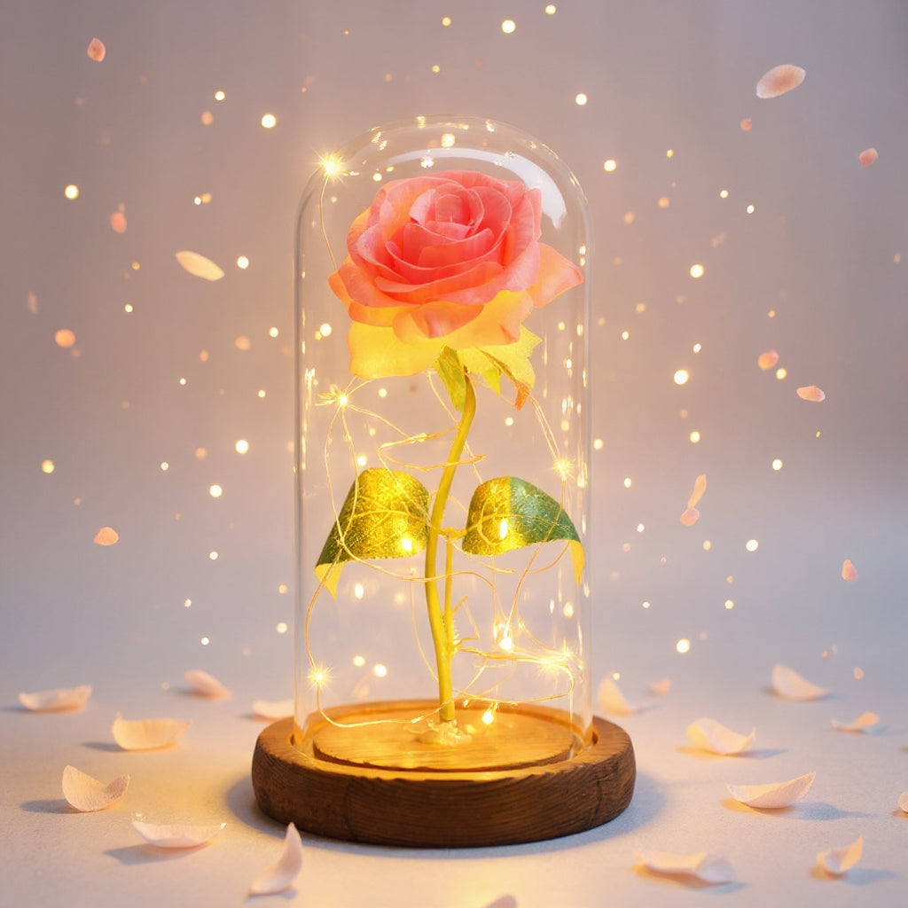 Вечна Роза в Купол с LED лампички в подаръчна кутия