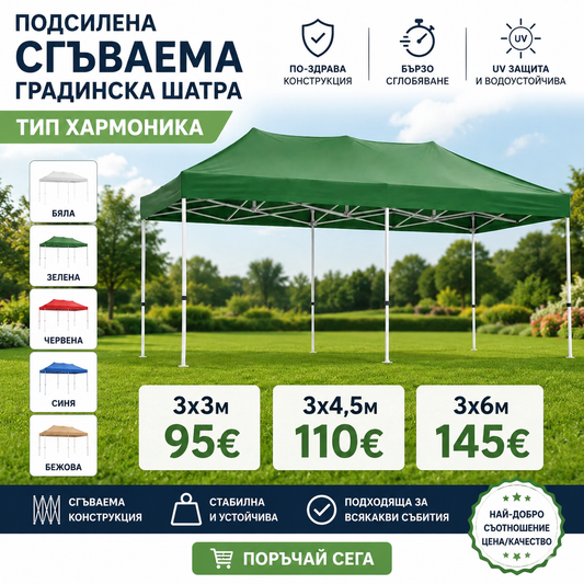 Подсилена Сгъваема Градинска Шатра - Тип Хармоника с Бяла Конструкция