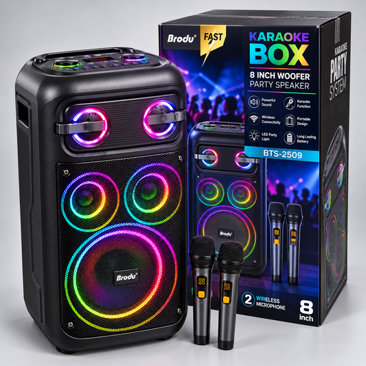 КАР АОКЕ ТОНКОЛОНА BTS-2509 С ГОВОРИТЕЛ 8" , 2 БЕЗЖИЧНИ МИКРОФОНА, RGB СВЕТЛИНИ И LCD ДИСПЛЕЙ