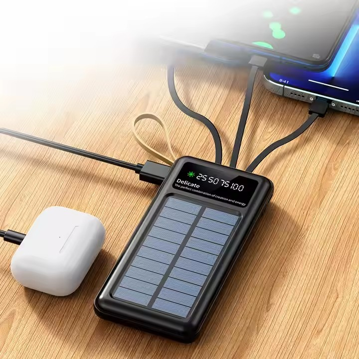Соларна батерия с LED диспей 10 000 mAh – Power Bank KLGO KP-97 с 4 вградени кабела