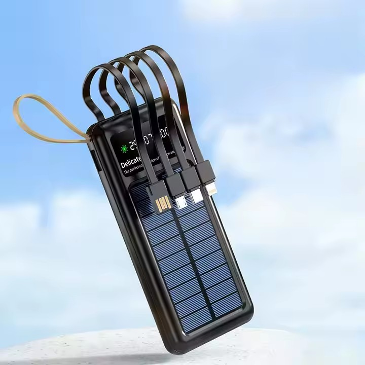Соларна батерия с LED диспей 10 000 mAh – Power Bank KLGO KP-97 с 4 вградени кабела