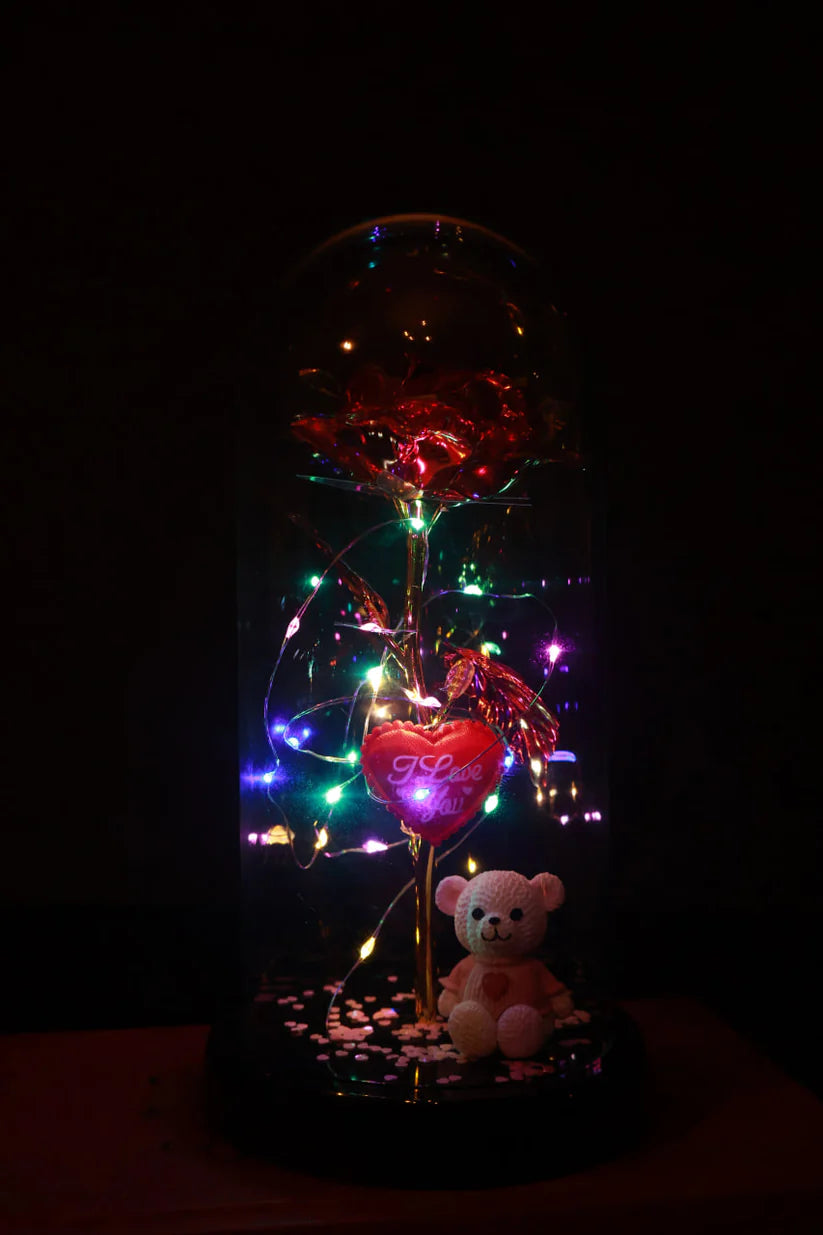 Вечна Роза в Купол с Играчка LED лампички в подаръчна кутия