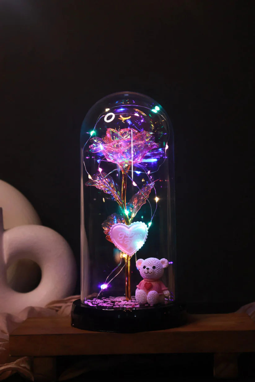 Вечна Роза в Купол с Играчка LED лампички в подаръчна кутия