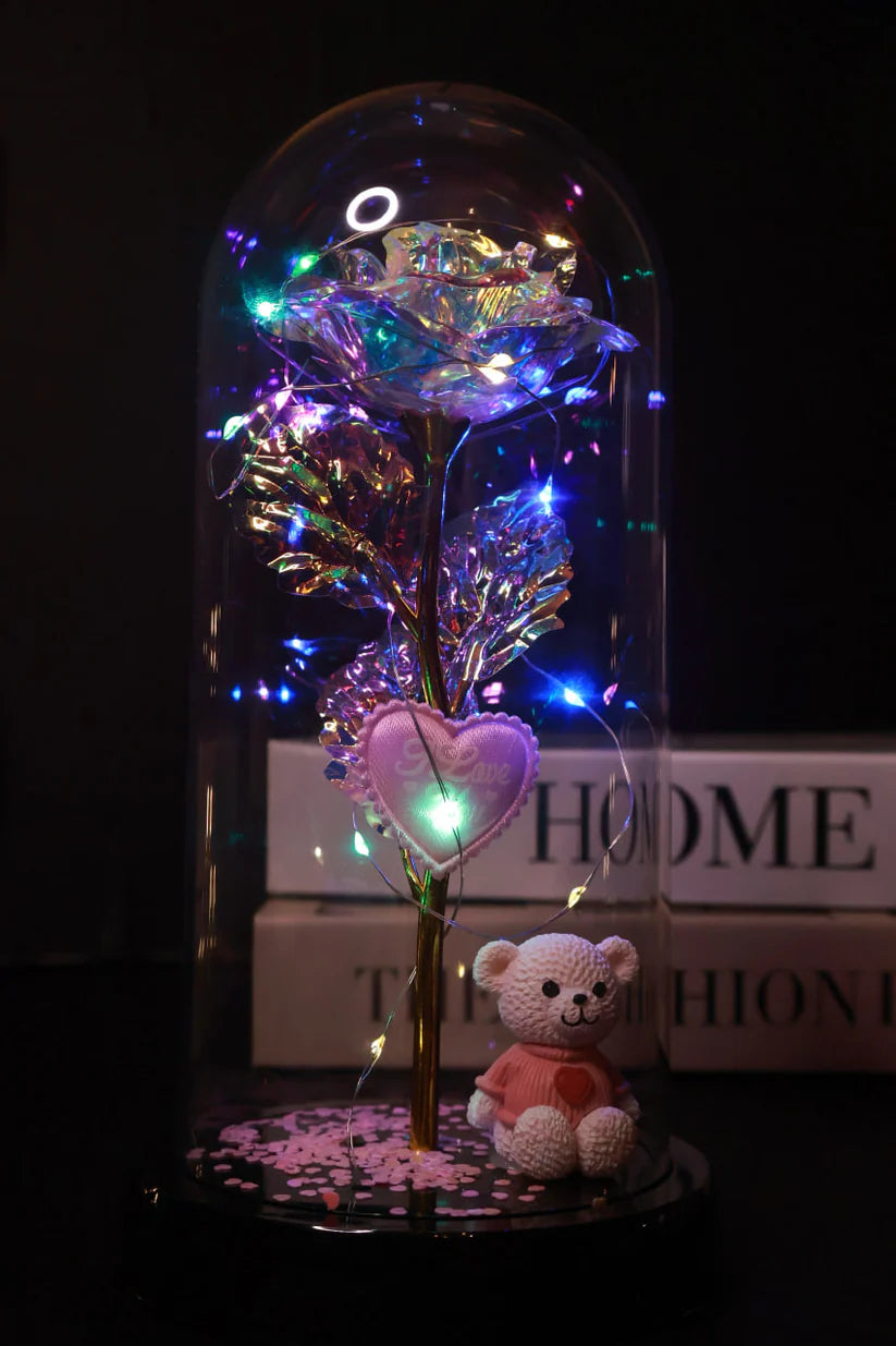 Вечна Роза в Купол с Играчка LED лампички в подаръчна кутия