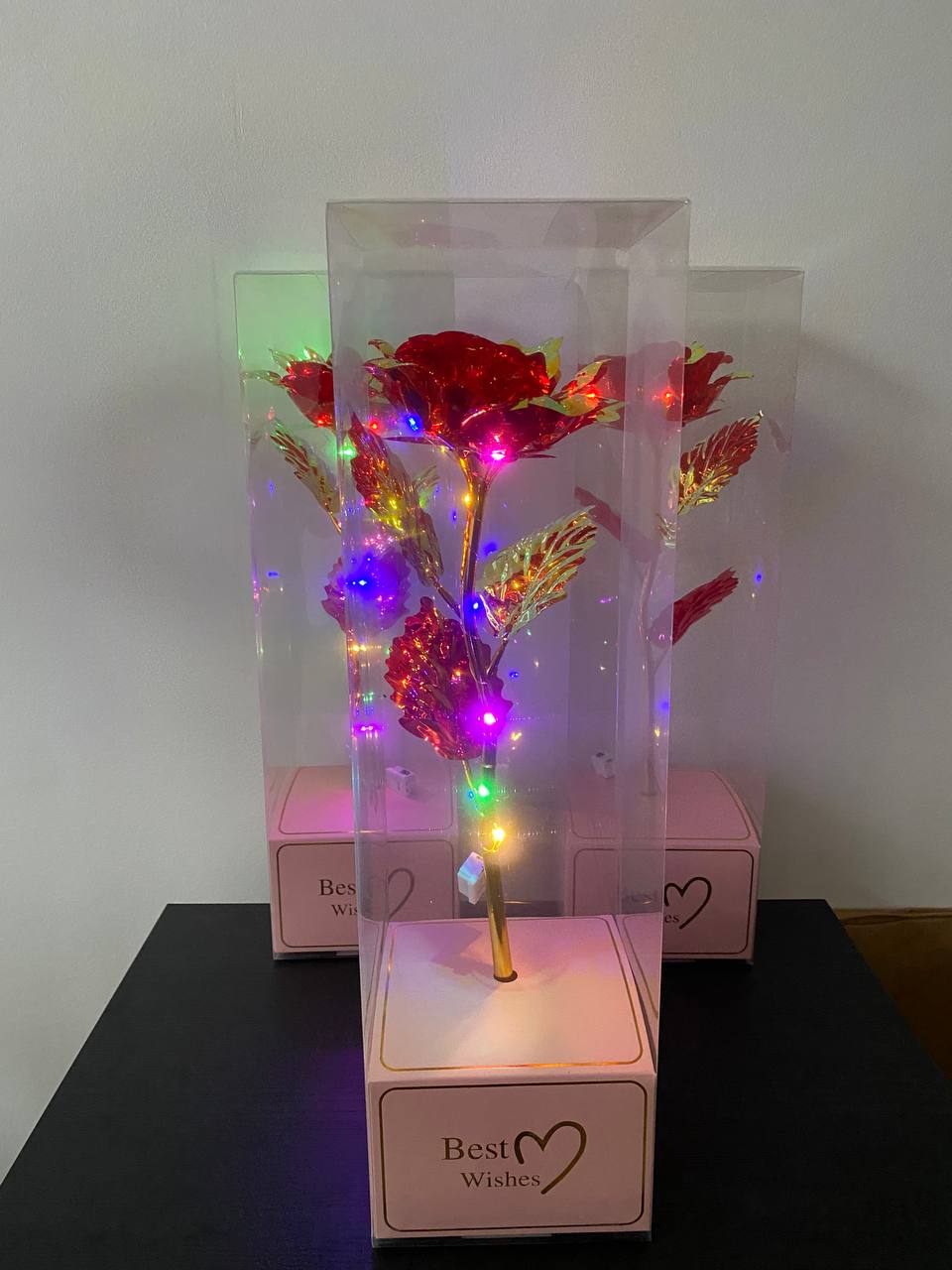 ВИСОКА 40СМ!Златна роза Golden Rose 24k Rainbow, LED Лента, Светеща, Кутия