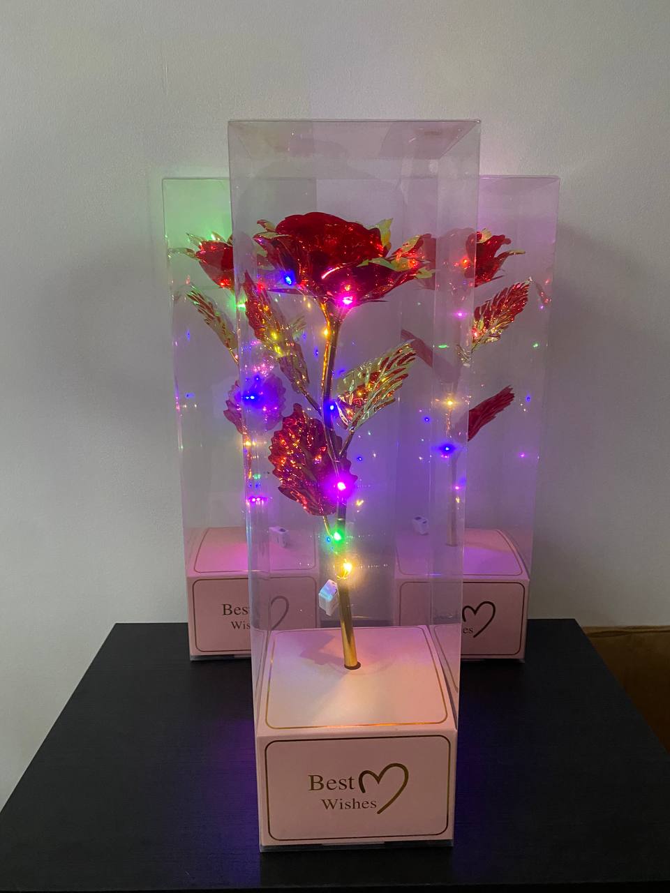 ВИСОКА 40СМ!Златна роза Golden Rose 24k Rainbow, LED Лента, Светеща, Кутия