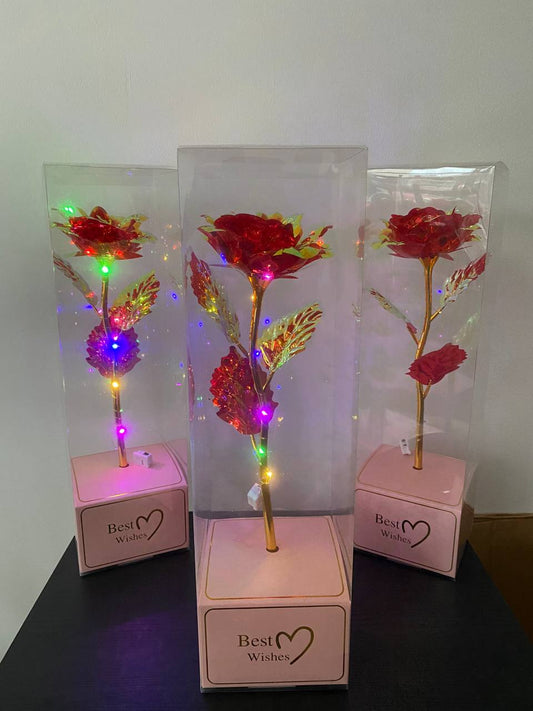 ВИСОКА 40СМ!Златна роза Golden Rose 24k Rainbow, LED Лента, Светеща, Кутия