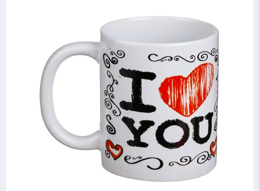 5euro!Керамична чаша, бяла със сърца и надпис „I Love You“, 340 мл