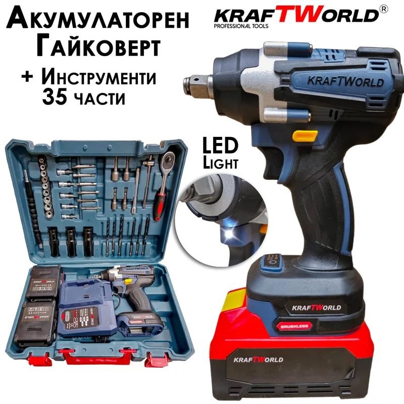 KraftWorld Акумулаторен Ударен Гайковерт 21V 4Ah – 850Nm + Куфар и 35 Части!