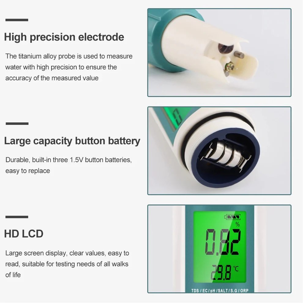 Тестер за качество на водата 7в1, pH, TDS, EC, S.G., ORP, Температура, Соленост
