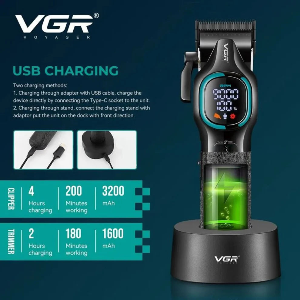Комплект машинка за подстригване + тример VGR V-886 S2 Grip Turbo 9000RPM – Зелен