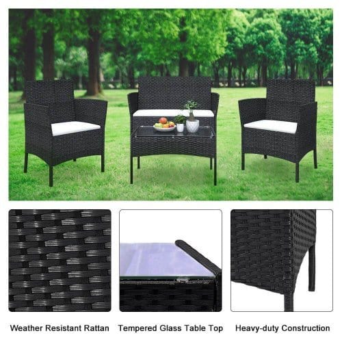 Градински мебели - маса, диван и две кресла, PE ратан, кафяв със бели възглавни